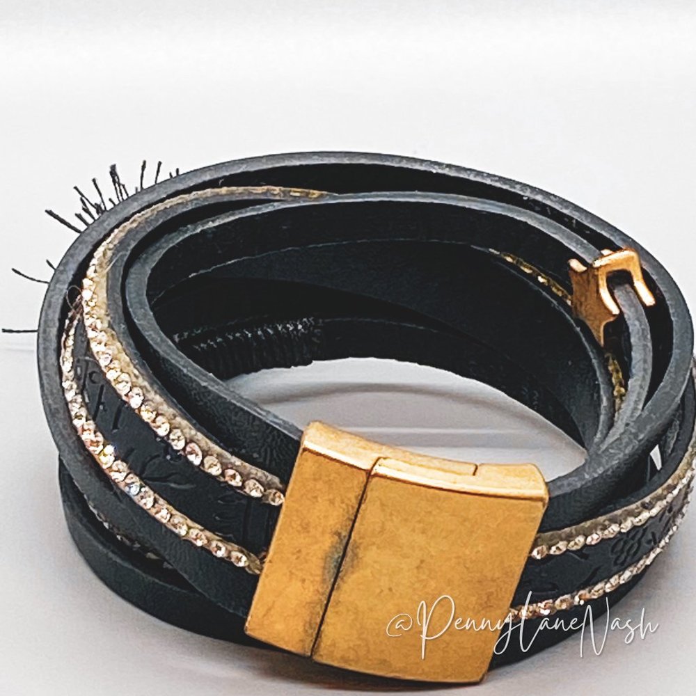 Vintage Black Leather Studded Wrap Clasp with Tassle Bracelet - Picture 4 of 6